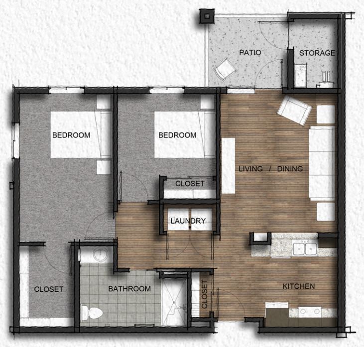 Floor plan for 2 beds, 1 bath, 846 sqft